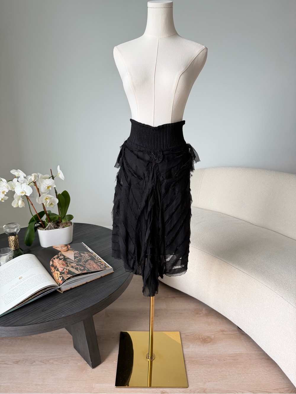 Class Roberto Cavalli Black Silk Fringe Asymmetrical Midi Skirt IT 42 US 8